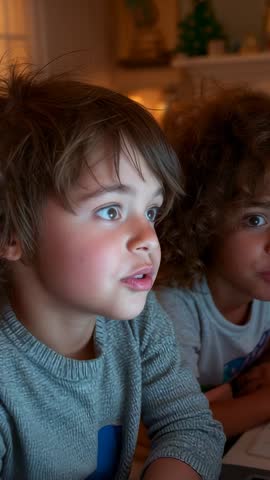 Brothers reacting with surprise and cheering while watching laptop game vertical video