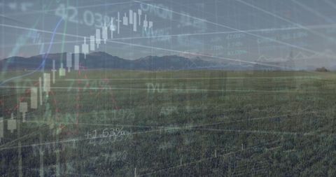 Financial Data Overlay on Countryside Landscape Signifying Global Market