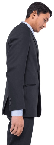 Transparent image of pensive biracial businessman looking downward