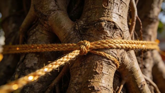 Golden rope wrapping around gnarled tree trunk showing overhand knot in sunlight