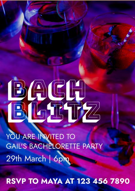Perfect for inviting guests to a lively bachelorette party. Neon-lit cocktails and moody blue background convey a festive and energetic atmosphere. Use for party invitations, social media posts, and event promotions to excite and engage potential attendees.