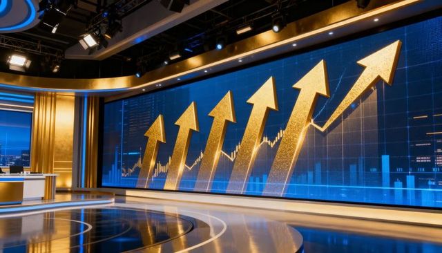 Broadcast studio led wall showing upward gold arrows and financial market charts