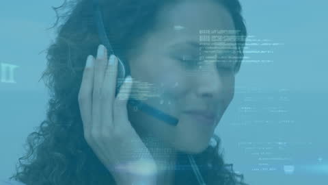 Tech Overlay on Woman in Call Center Suspending Interaction