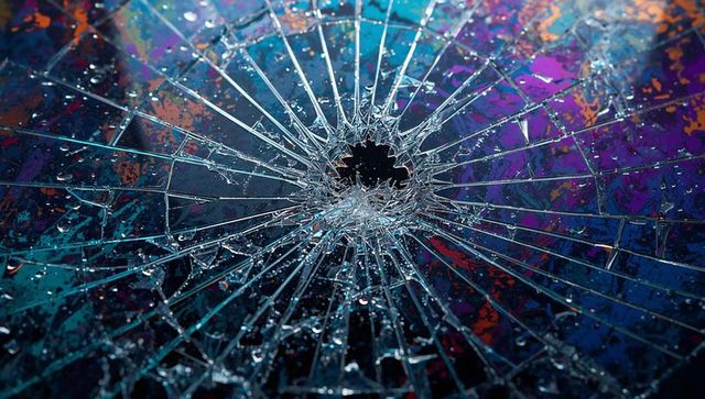 Shattering impact creating radial cracks and iridescent reflections on glass surface