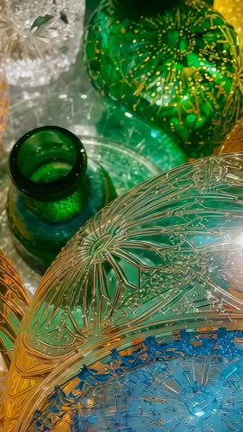 Vertical video tilting over shimmering art glass bowls and green bottle