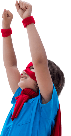 Superhero Boy Raising Arms in Celebratory Pose Transparent Background