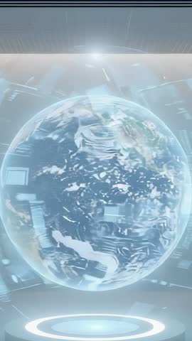 Vertical holographic globe interface rotating on platform with scanning data blocks