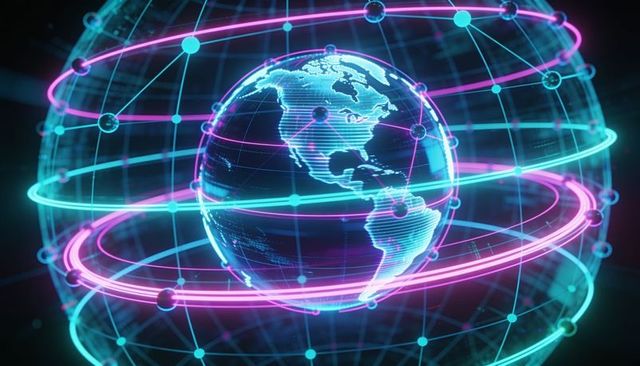 Neon holographic globe with rotating orbital rings and connected wireframe digital network