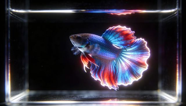 Iridescent betta fish showcasing vibrant red and blue flowing fins in illuminated tank