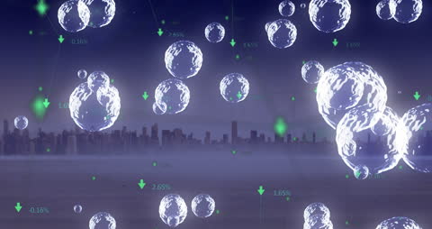 Floating Bubbles in Futuristic Cityscape with Digital Data Visualization