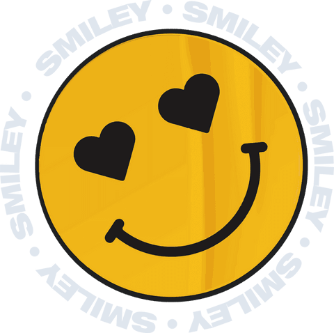 Yellow smiley with heart eyes and repeated smiley text on transparent