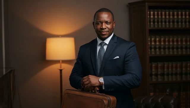 Executive standing with leather briefcase in study wearing navy suit and wristwatch