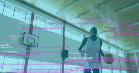 Basketball player standing under hoop with neon code overlay creating cyber aesthetic