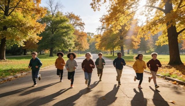 Running diverse children racing down sunlit park avenue in autumn hoodies, joyful motion