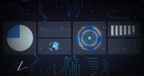 Futuristic HUD dashboard featuring blue analytics panels, circular interface, circuit grid