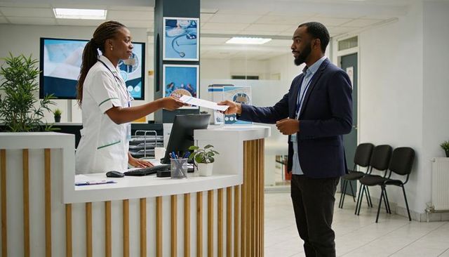 Receptionist handing paperwork to patient at modern clinic reception desk