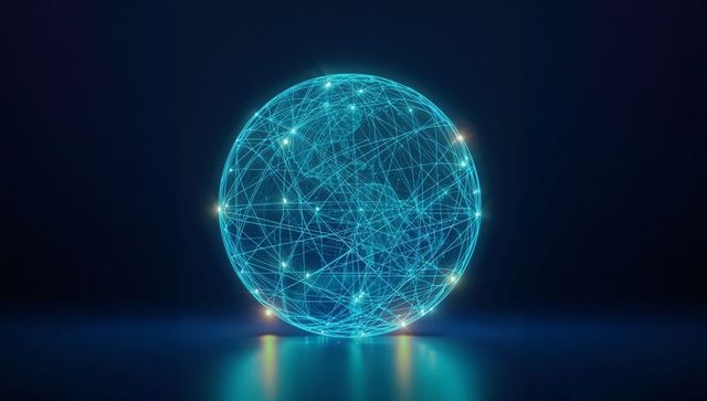 Glowing Digital Network Globe with Interconnected Nodes and Lines, Futuristic Data Sphere