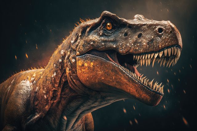 Tyrannosaurus rex dinosaur roaring over fire sparks, created using generative ai technology. Prehistory, dinosaur and paleontology concept.