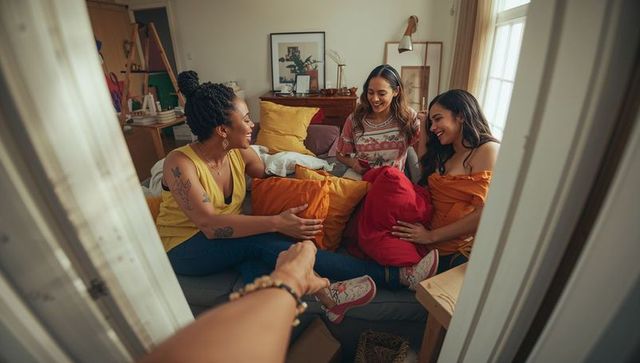 Friends laughing and chatting on cozy sofa while holding heart cushion in bright apartment