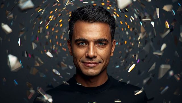 Man posing with reflective shards spiraling around face, dramatic low-key portrait