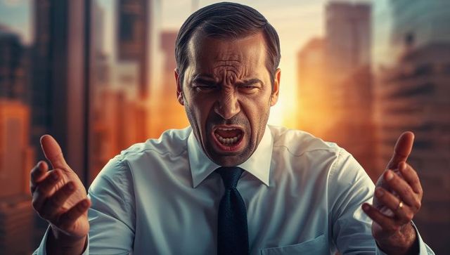 Businessman expressing anger in office sunset cityscape