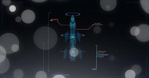 Futuristic hud rocket schematic displaying multistage blueprint and diagnostics readouts