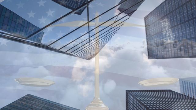 Combination of city skyscrapers, scales of justice, and the American flag, symbolizing the interconnectedness of law, justice, and the corporate world. This is suitable for use in legal contexts, government institutions, or corporate presentations. It can be used to depict the themes of fairness, justice, or patriotic corporate ethics.