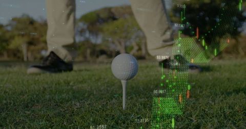 Golfer tee setup with stock market chart overlay