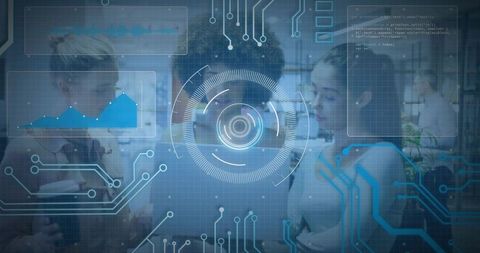Collaborating Business Team Wearing Business Attire with Futuristic HUD and Data Visualization