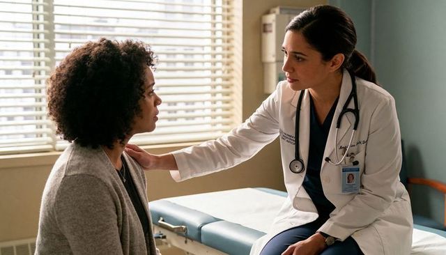 Comforting female physician consulting female patient in clinic exam room with stethoscope