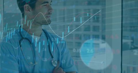 Clinician analyzing healthcare data trends through window reflection