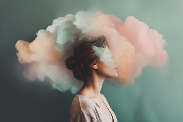 Woman with face covered by cloud on green background, created using generative ai technology. Faceless person, anonymity and colour concept digitally generated image.