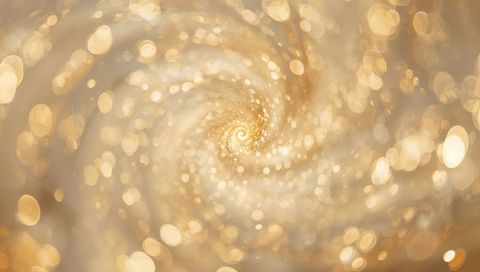 Swirling golden spiral bokeh vortex, glowing twinkling light particles, soft warm glow