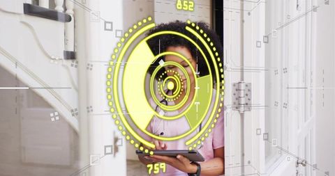Black woman presenting with tablet and augmented reality hud in bright minimalist hallway