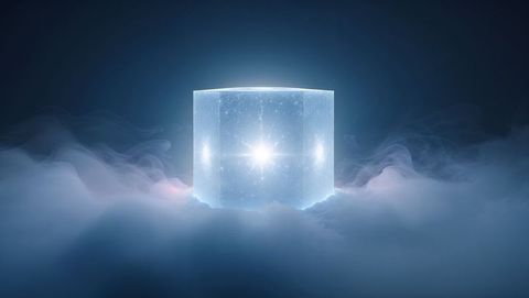 Glowing Translucent Cube Hovering in Mystical Fog
