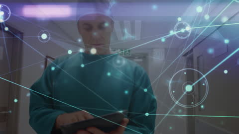 Surgeon Using Tablet with Digital Connections Overlay