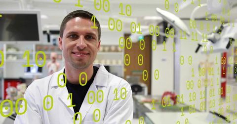 Male scientist standing in modern lab with floating binary code representing research