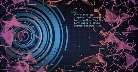 Rotating Blue HUD Rings with Neon Pink Mesh and Futuristic Cyber Interface, Digital Network