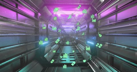 Futuristic Digital Interface with Business Icons and Tunnel