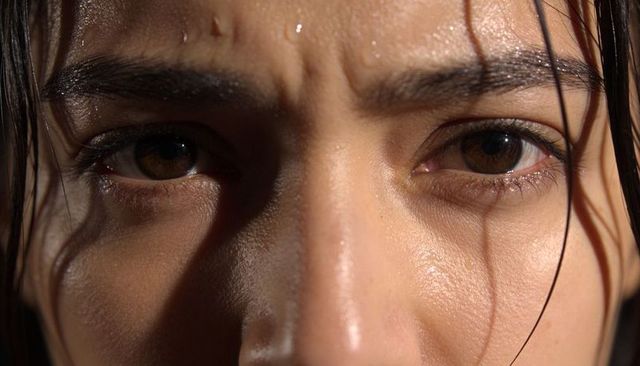 Intense close-up of female-presenting adult staring, furrowing brow with sweat and wet hair
