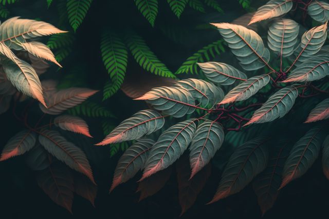 Different green plants leaves on black background created using generative ai technology. Tropical foliage, nature and background concept digitally generated image.