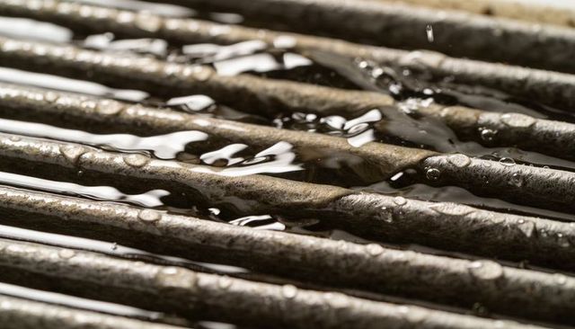 Close-up wet rusted grill bars with water beads and reflective patina texture, macro