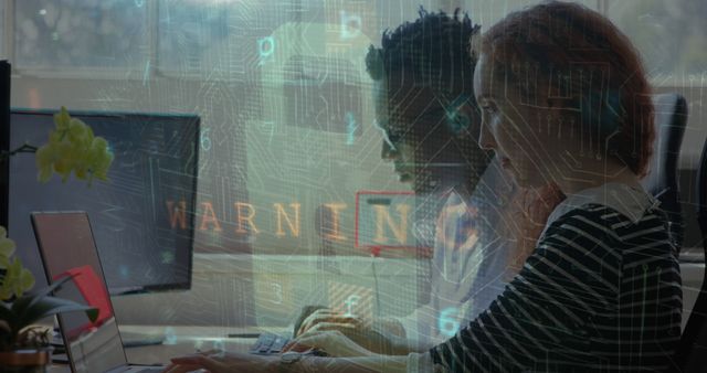 Diverse IT Team Hacking Security System with Transparent Warning Overlay - Download Free Stock Images Pikwizard.com