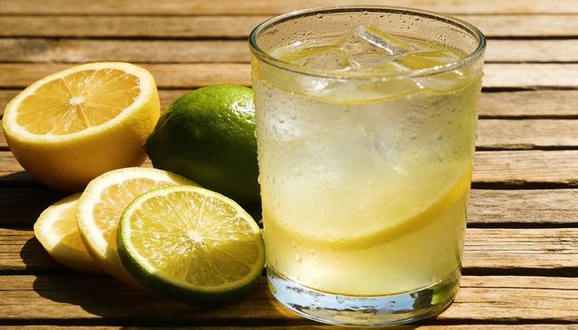 Sunlit lemon lime cocktail with ice in short glass on wooden patio, summer refreshment
