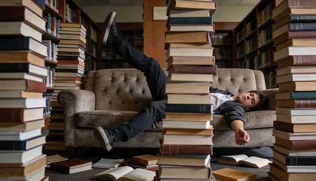 Young man reclining on tufted sofa in library surrounded by towering stacks of books