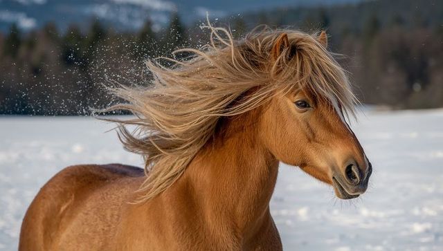 Galloping chestnut horse with flowing flaxen mane sending snow spray across winter field
