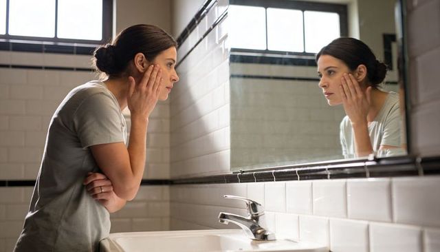 Examining skin in mirror leaning on sink in minimalist contemporary bathroom