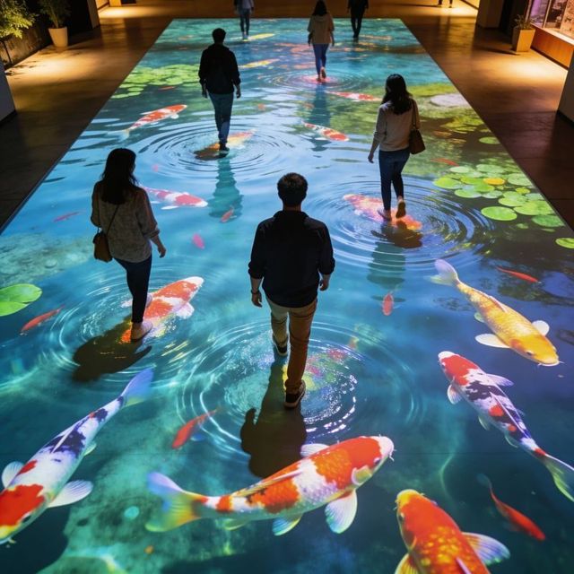 Immersive koi pond floor projection with walking visitors creating ripples and reflections