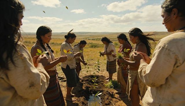 Indigenous women planting saplings in circle on sunlit prairie wearing woven skirts tribal ceremony