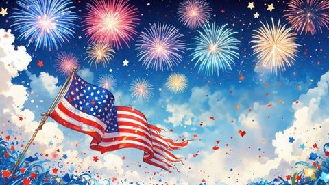 American flags waving under fireworks: patriotic evening celebration